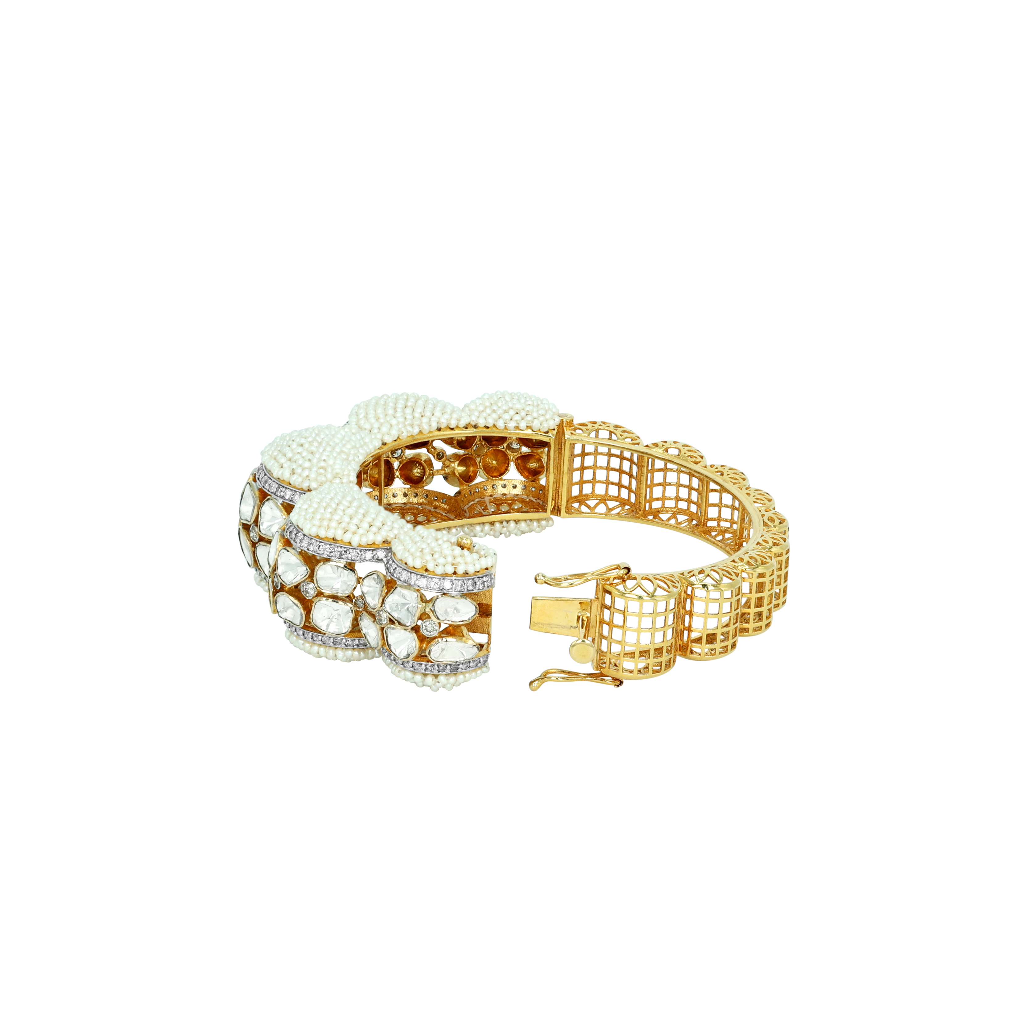 Open-Set Polki Bangle with Full-Cut Diamonds and Pearls